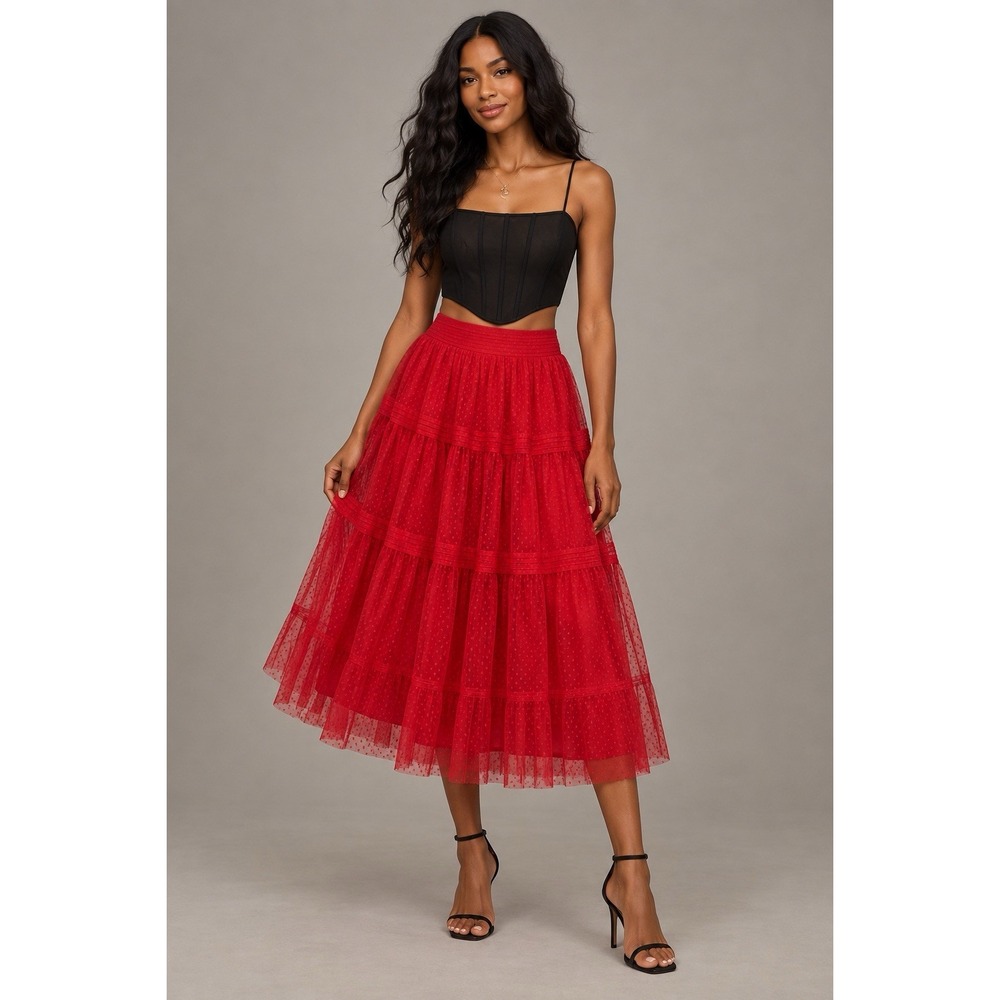 Anthropologie Red Dotted Tulle Midi Skirt Size 6 Tiered A-Line Romantic Coquette